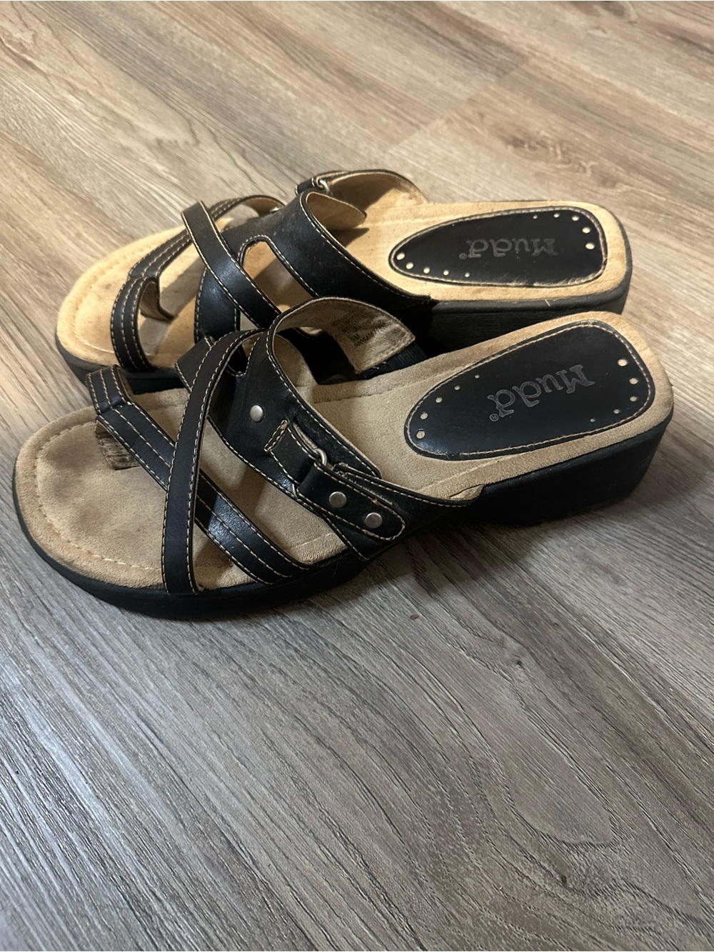 Vintage 90s Y2K Mudd Black Leather Strappy Wedge Platform Sandals Size 9